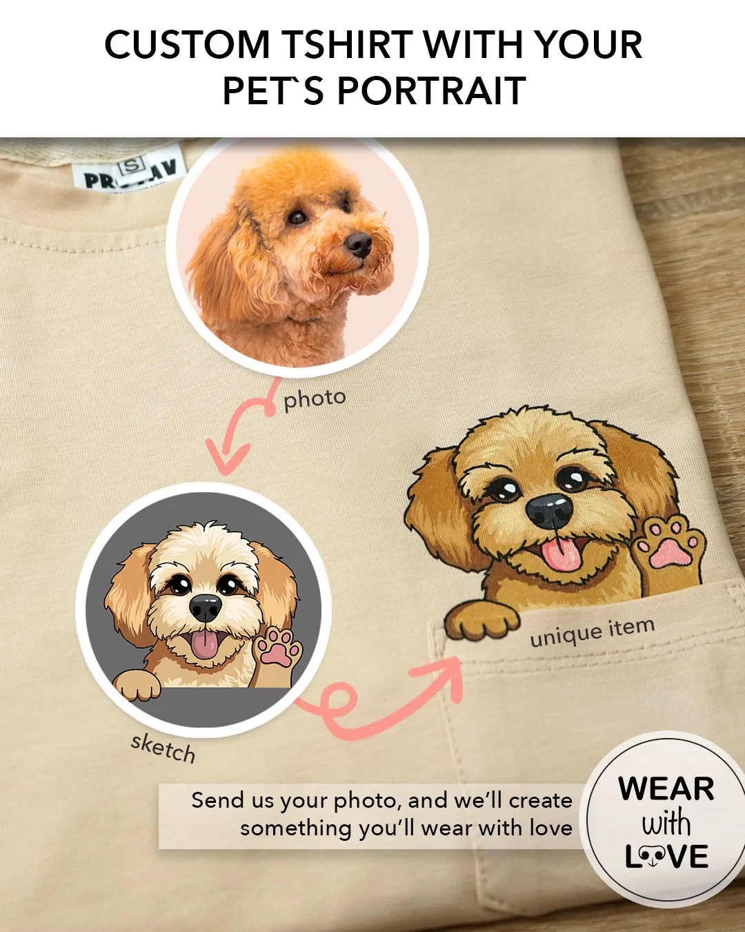 T-shirt with a hand-painted pet portrait: photo, sketch, and the finished piece